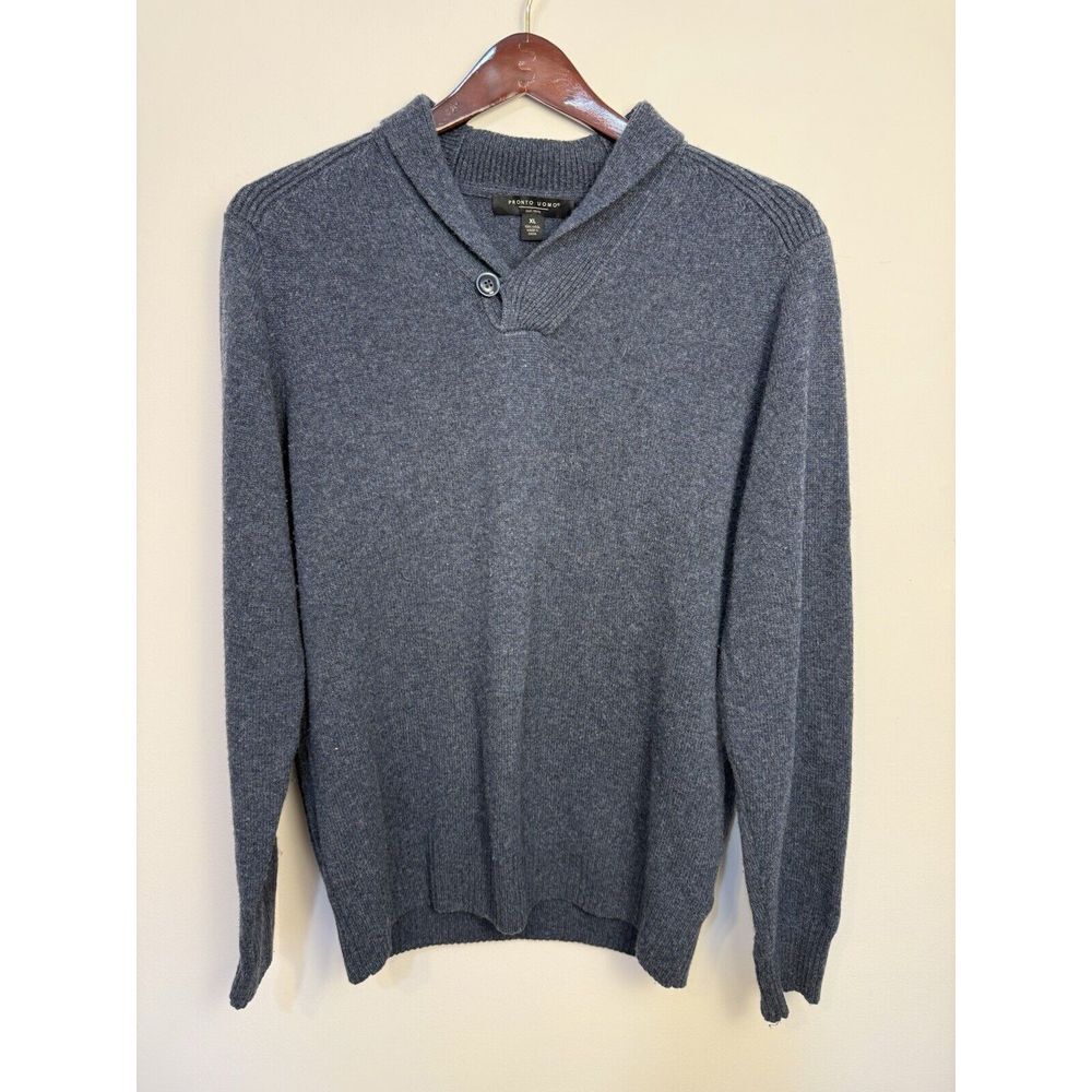 Pronto Uomo Sweater 100%‎ Wool Gray Shawl Collar Lightweight Pullover XL Men